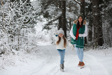 Fototapeta premium Young family for a walk. Mom and daughter are walking in a winter park.