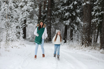 Fototapeta na wymiar Young family for a walk. Mom and daughter are walking in a winter park.