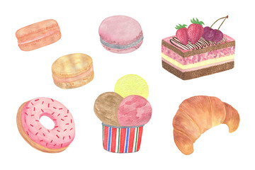 Food illustration, hand drawn images on the white background, set of sweet desserts cake, ice cream, macarons, croissants, simple ornament, food illustration for any purposes