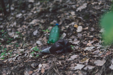 Garbage in the Park or forest, an empty bottle lying on the ground. The concept of environmental pollution, environmental problems of nature.