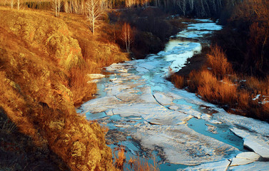  Winter river on white background for any design. Rural scenery.