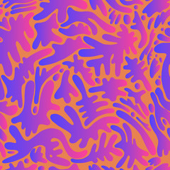 Fototapeta na wymiar Vintage psychedelic seamless pattern pattern, with decorative many different shape spots, bright gradient purple pink colors, isolated orange background. Doodle style design.
