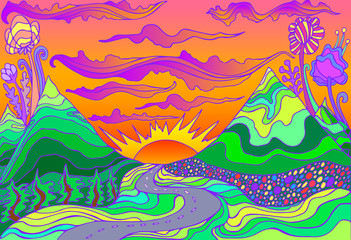 Retro hippie style psychedelic landscape  with mountains, sun and the road going into the sunset. - obrazy, fototapety, plakaty