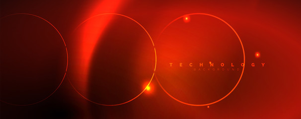 Bright neon circles and wave lines, glowing shiny background design template, digital techno concept.
