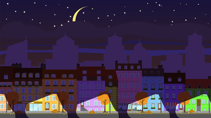 Old apartment buildings at night, on the background of the modern city. EPS-10