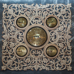 retro stylish clocks with metalic decorative elements, close-up
