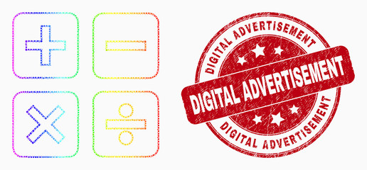 Pixel bright spectral calculator mosaic pictogram and Digital Advertisement seal. Red vector rounded distress seal stamp with Digital Advertisement text. Vector collage in flat style.