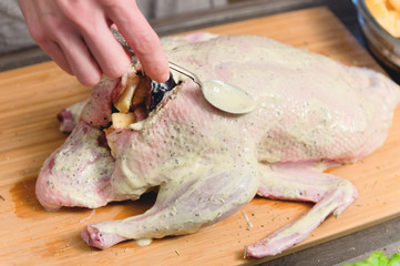 Close-up of female hands preparing duck or goose for baking. White carrot dressing with mayonnaise. Christmas dish duck goose with apples