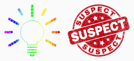 Obraz premium Pixelated bright spectral bulb light mosaic pictogram and Suspect seal stamp. Red vector round scratched seal with Suspect phrase. Vector combination in flat style.