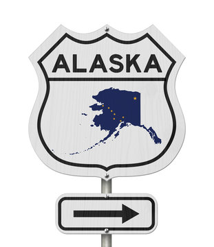 Alaska map and state flag on a USA highway road sign