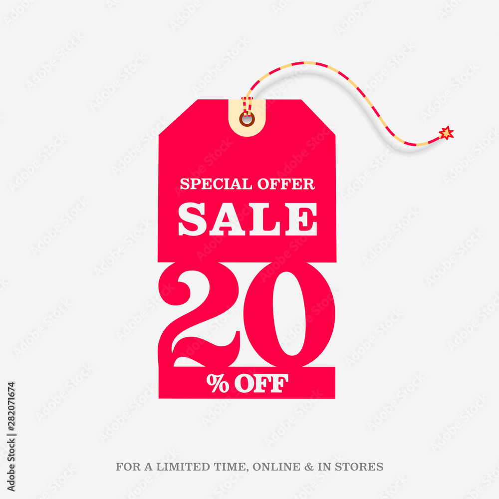 Sticker 20% OFF SALE Price Tag. Special Offer Discount Web Banner Design Template. 20% Sale Limited Time Online and in Stores Promo Marketing Campaign Message Vector Design Illustration