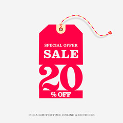 20% OFF SALE Price Tag. Special Offer Discount Web Banner Design Template. 20% Sale Limited Time Online and in Stores Promo Marketing Campaign Message Vector Design Illustration