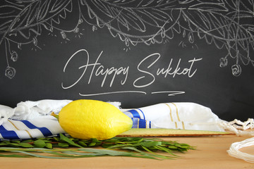 Jewish festival of Sukkot. Traditional symbols (The four species): Etrog, lulav, hadas, arava