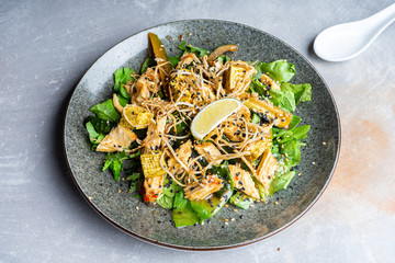 Vegan spicy salad with crispy tofu. Pan-asian style vegan salad bowl. salad with tofu and beaten vegetables on grey stone background. Copy space for design. Healthy, vegan food