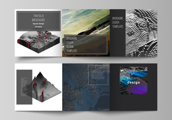 Vector layout of square format covers design templates for trifold brochure, flyer, magazine. Big data. Dynamic geometric background. Cubes pattern design with motion effect. 3d technology style.