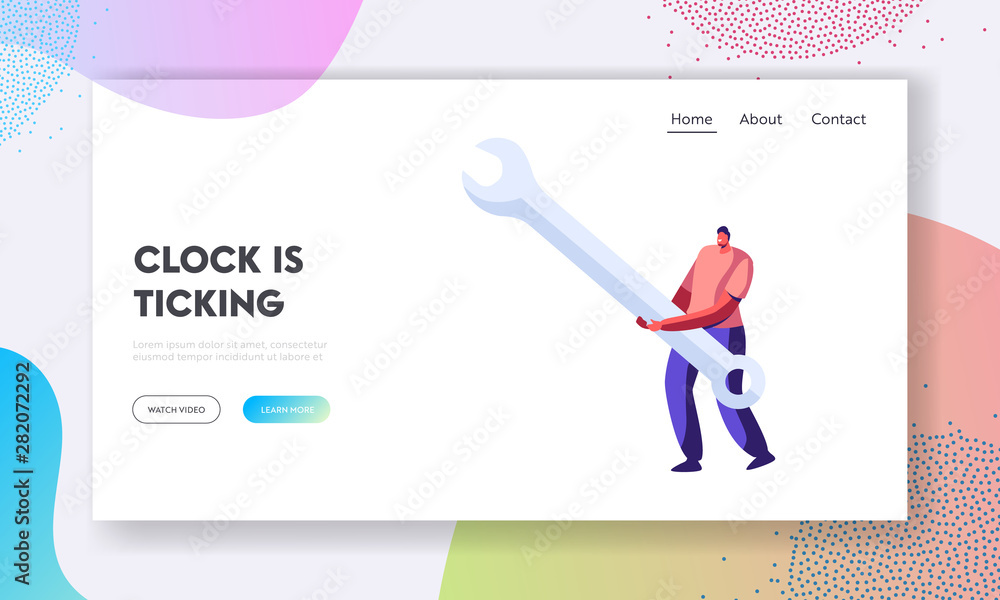 Poster technical support service website landing page, tiny man characters holding huge wrench, character w
