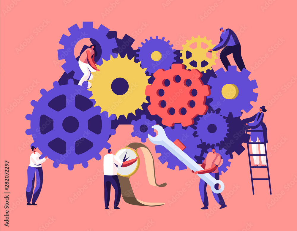 Poster tiny men and women characters on ladders with repair tools and instruments fixing broken clocks and 