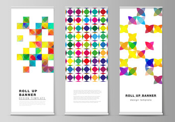 The vector illustration layout of roll up banner stands, vertical flyers, flags design business templates. Abstract background, geometric mosaic pattern with bright circles, geometric shapes.
