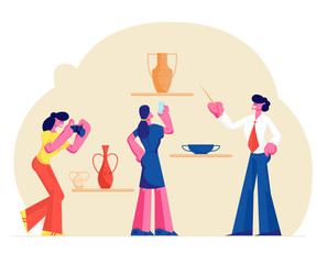 Group of Tourists Visiting Museum of Ancient History Watching and Photographing Old Vases. Guide Man Tell Lecture with Pointer. Education, Tourism Hobby Activity. Cartoon Flat Vector Illustration