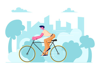 Man Cyclist Riding Bike Outdoors in Summer Day on Cityscape Background. Bicycle Active Sport Life and Healthy Lifestyle Activity, Ecology Transport in Town, Bike Rider Cartoon Flat Vector Illustration