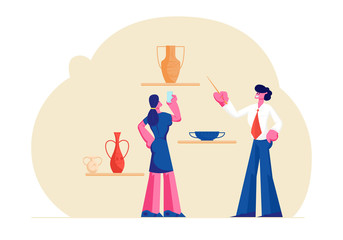 Tourist Woman Visiting Ancient History Museum, Watching and Shooting on Smartphone Old Vases, Guide Man Tell Lecture with Pointer