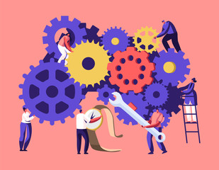 Tiny Men and Women Characters on Ladders with Repair Tools and Instruments Fixing Broken Clocks and Watches. Huge Mechanism Made of Gears and Cogwheels, Time Concept. Cartoon Flat Vector Illustration