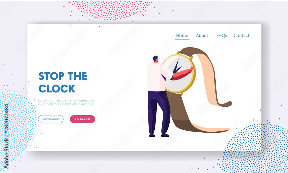 Poster time management and procrastination website landing page, tiny man holding huge watch in hands. plan