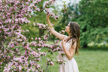Obraz premium A beautiful young pretty girl with long hair loose stands near the blooming spring Bush of weigela with pink flowers. She touches a branch with her hand. Happy time of year