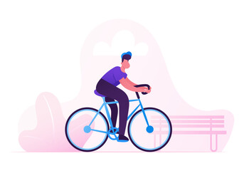 Man Cyclist Riding Bike Outdoors in Summer Day on City Park Background. Bicycle Active Sport Life and Healthy Lifestyle Activity, Ecology Transport in Town, Bike Rider Cartoon Flat Vector Illustration