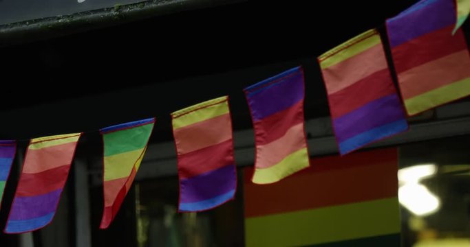 Pride Rainbow Bunting Hanging Outside Shop Celebrating Gay Rights At Gay Pride Parade In British City Nottingham Pride