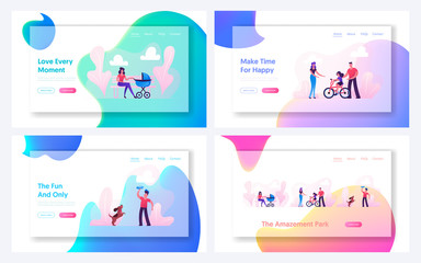 Summer Time Outdoors Activity Website Landing Page Set. People Walk in Park, Woman with Baby Stroller, Parents Teach Child Riding Bicycle, Boy with Dog Web Page Banner Cartoon Flat Vector Illustration