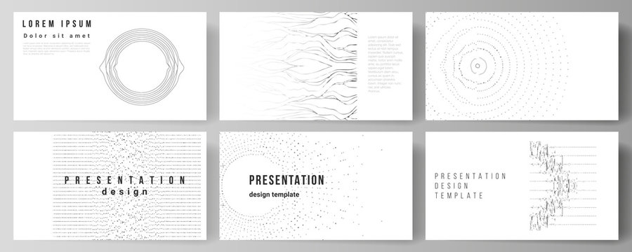 The minimalistic abstract vector illustration layout of the presentation slides design business templates. Trendy modern science or technology background with dynamic particles. Cyberspace grid.