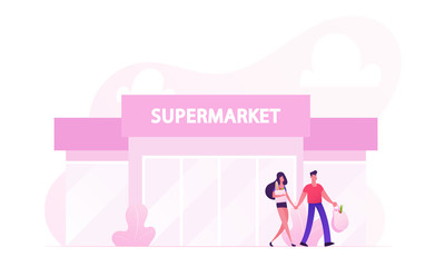 People Leaving Supermarket with Shopping Bags Full of Products. Happy Loving Couple Making Purchases in Store. Family Buying Food on Weekend Spending Time Together Cartoon Flat Vector Illustration