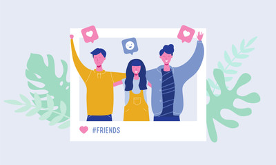 Set of young people making photo on social network. Vector illustration with happy male and female characters, teenagers, students. Friendship team concept, followers likes, stories