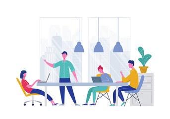 Business Meeting Teamwork Concept. Businessman and Woman Characters with Laptop. Colleagues Characters Communicating Brainstorming, Discussion Idea. Vector flat cartoon illustration