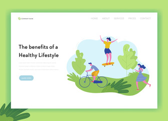 Healthy Lifestyle Sport People Landing Page Template. Sports and Recreation Concept with Man and Woman Character Riding Bike, skateboarding, jogging in Park for Website, Web Page. Vector illustration
