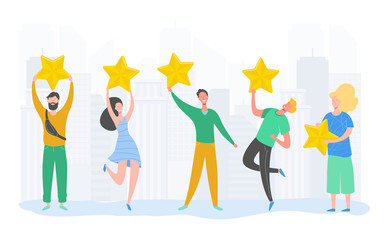 People characters holding gold stars. Men and women rate services and user experience. Juries rating in the competition. Four stars positive review or good feedback. Vector cartoon illustration