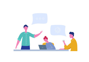 Business Meeting Teamwork Concept. Businessman and Woman Characters with Laptop. Colleagues Characters Communicating Brainstorming, Discussion Idea. Vector flat cartoon illustration