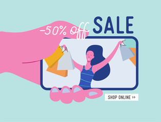 Online shopping banner, concept sale mobile app template with woman character, special offer poster, Black Friday concept vector illustration flat design