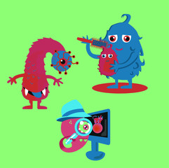 Three monsters of red and blue. One monster combes the wool of another. The threesome monster looks into the monitor on which the cat on the ball is depicted