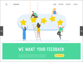 Obraz na płótnie Canvas Landing page template review concept illustration. Woman and man characters writing good feedback with gold stars. Customer rate services for website or web page. Five stars positive opinion. Vector