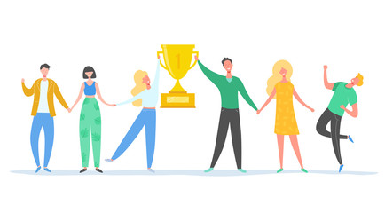 Team Success vector concept illustration. Business leader people celebrating victory. Man and woman achieving reward. Businessman and businesswoman winning trophy. Victory prize