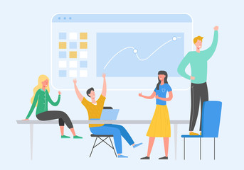 Team Success vector concept illustration. Business leader people celebrating victory. Man and woman winning  achievement reward. Businessman and businesswoman happy in office. Victory prize