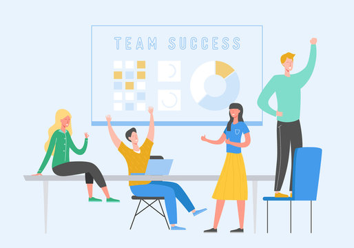 Team Success vector concept illustration. Business leader people celebrating victory. Man and woman winning  achievement reward. Businessman and businesswoman happy in office. Victory prize