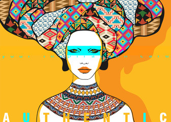Conceptual fashionable illustration. Female portrait in ethnic style. Graphic art