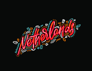 Netherlands. Name country word text card, banner script.Typography inscription greeting calligraphy poster black, gold ribbon, star. Handwritten design modern brush lettering isolated vector.