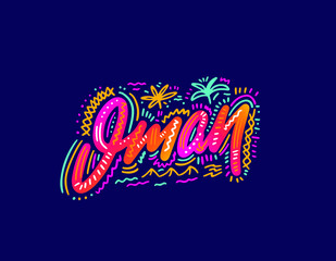 Oman. Name country word text card, banner script. Beautiful typography inscription greeting calligraphy poster black, gold ribbon, star. Handwritten design modern brush lettering isolated vector.