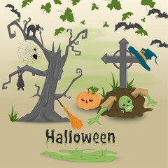 childrens illustration in the style of flat, on the eve of all saints day, Halloween, scary tree, zombies are selected from the grave