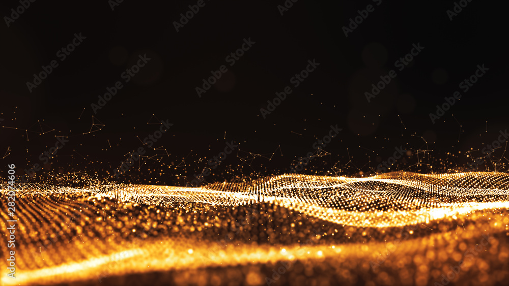 Poster digital particles gold color wave flow abstract background