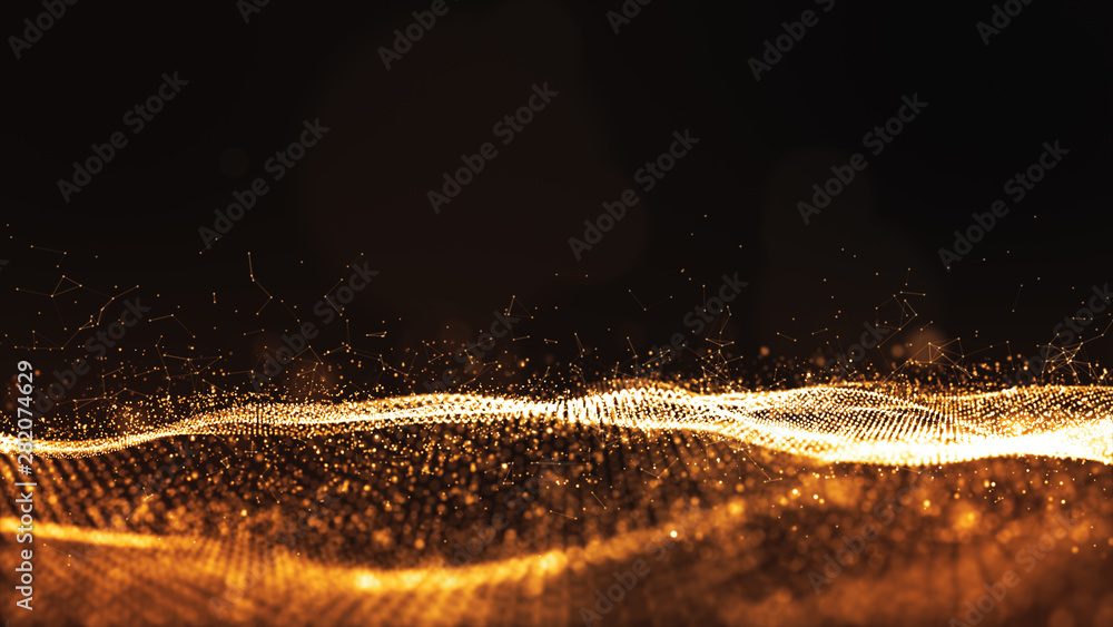 Poster digital particles gold color wave flow abstract background